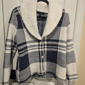 Barefoot Dreams Cozy White and Navy Cardigan